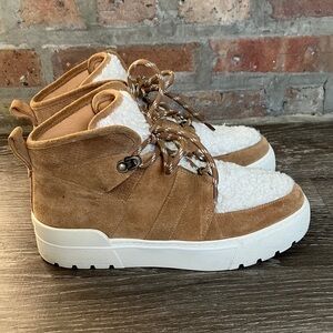 J/SLIDES Nell high-top faux shearling and suede sneakers